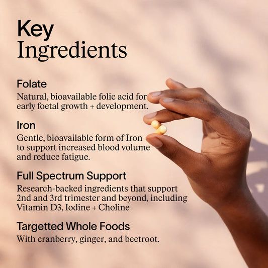 text about key ingredients on Artah , Folate, Iron, whole foods on a blurred background