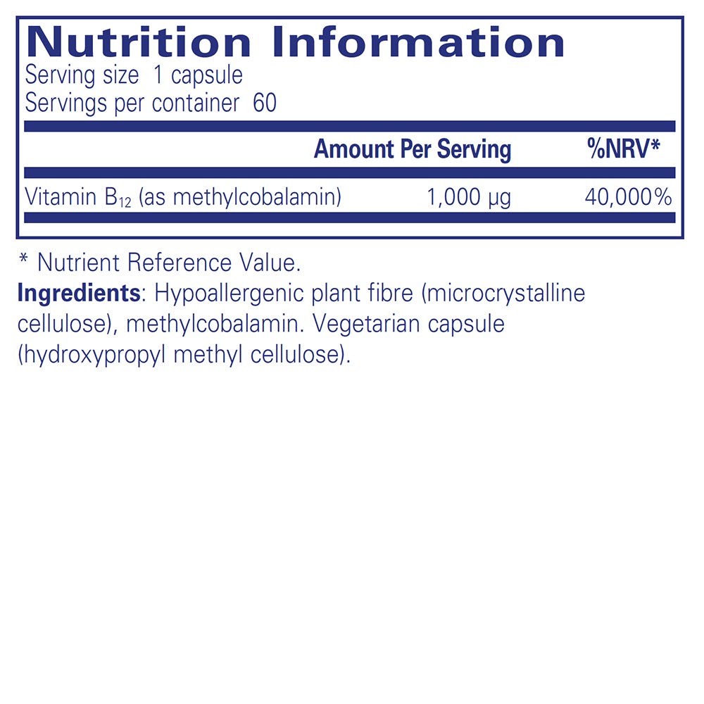 Nutrition information label for a vitamin B12 supplement capsule.