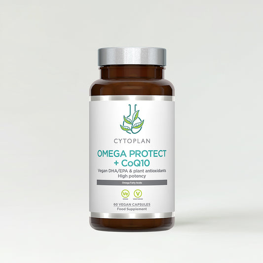 A brown supplement bottle labeled Omega Protect + CoQ10 with a silver cap.