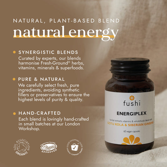 A bottle of natural energy capsules with text highlighting synthetic blend, pure ingredients, and handcrafted production.