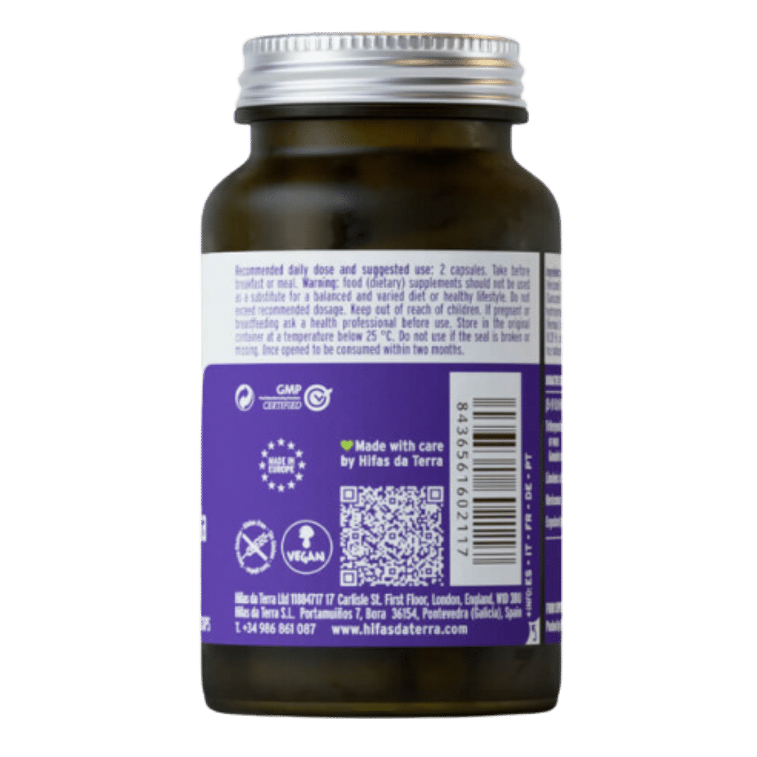 A brown glass jar with a silver lid displaying a purple label with small text and icons.