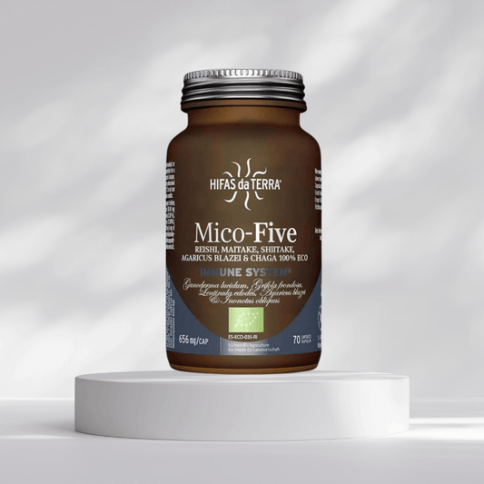 A brown bottle labelled Mico-Five by Health Naturals on a white platform.