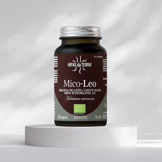 A brown jar of Mico Leo capsules on a white stand.