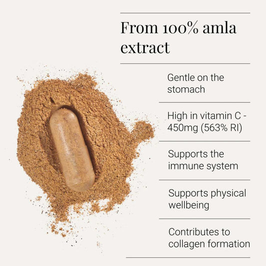 A capsule on a pile of amla powder with benefits listed: gentle on stomach, high vitamin C, supports immune system, physical wellbeing, and collagen formation.