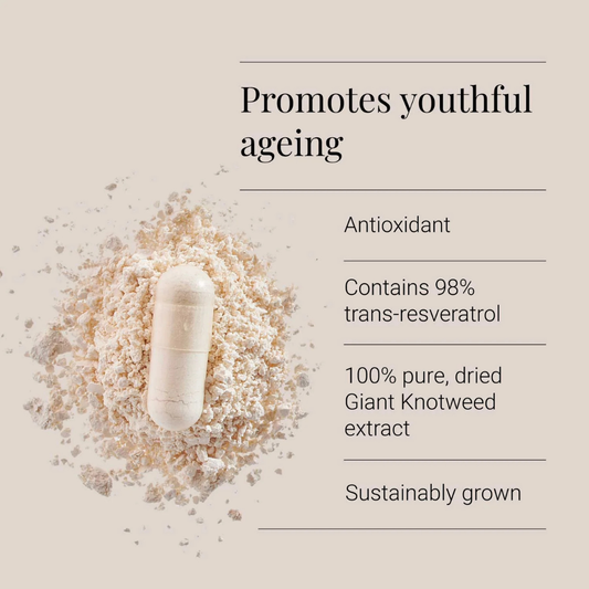 A capsule surrounded by fine powder with product details listed.
