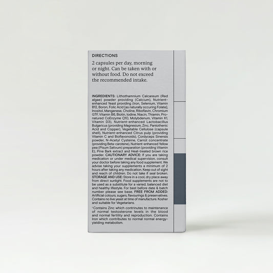 A grey product box with text printed on its surface.