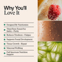 Product features listed with images of a raspberry, skin texture, and green plant cells.