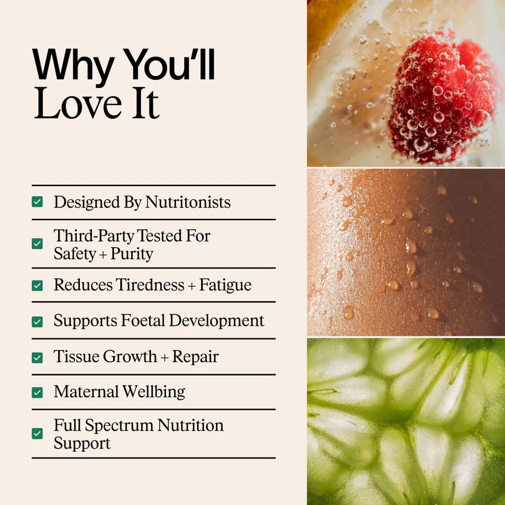 Product features listed with images of a raspberry, skin texture, and green plant cells.