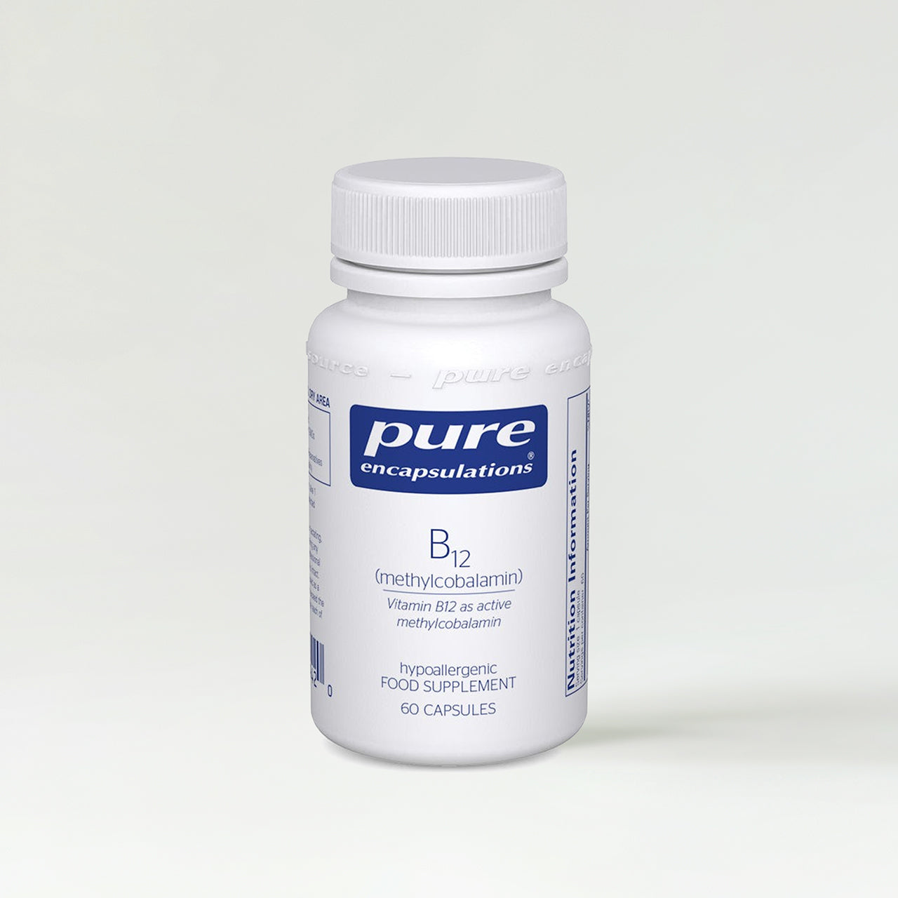 White bottle of pure encapsulations B12 supplement on a white background