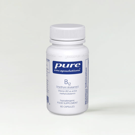 White bottle of pure encapsulations B12 supplement on a white background