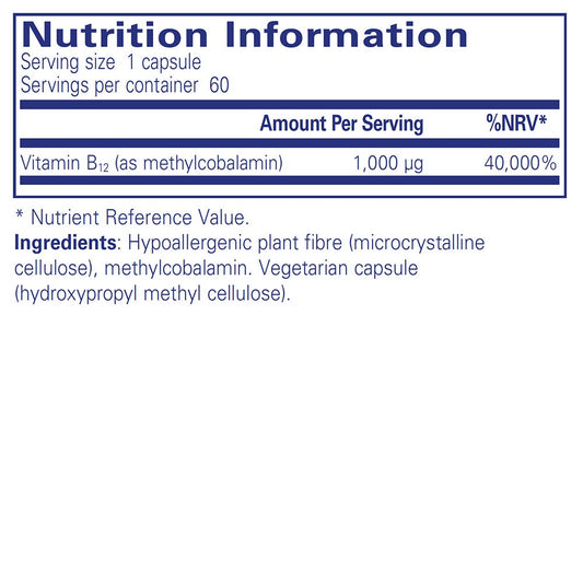 Nutrition information label for a vitamin B12 supplement capsule.