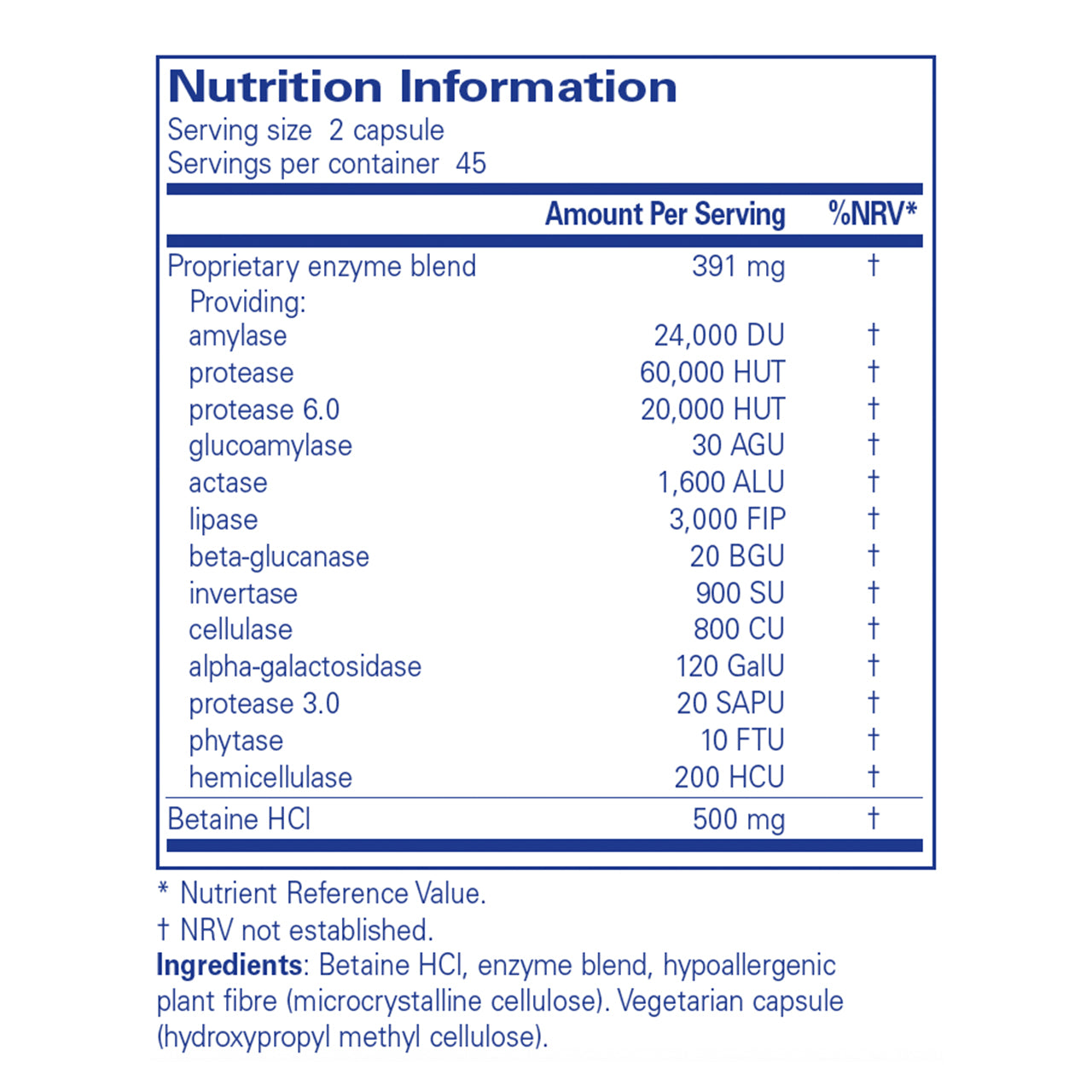 Nutrition information label for a proprietary enzyme blend in capsules