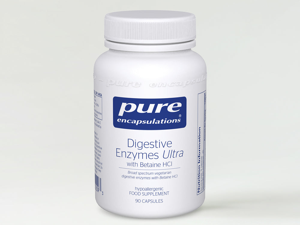 Bottle of Pure Encapsulations Digestive Enzymes Ultra on a white background