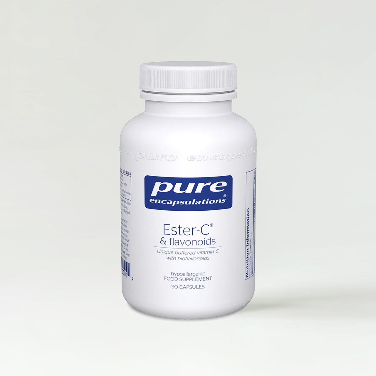 White supplement bottle labeled 'pure encapsulations Ester-C & flavonoids' on a white background