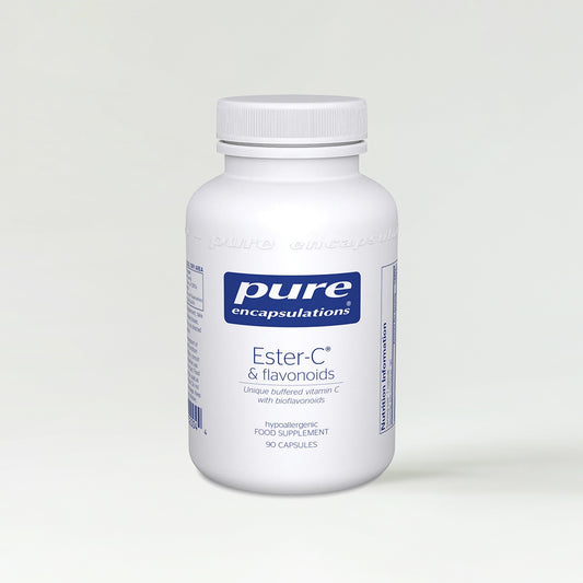 White supplement bottle labeled 'pure encapsulations Ester-C & flavonoids' on a white background