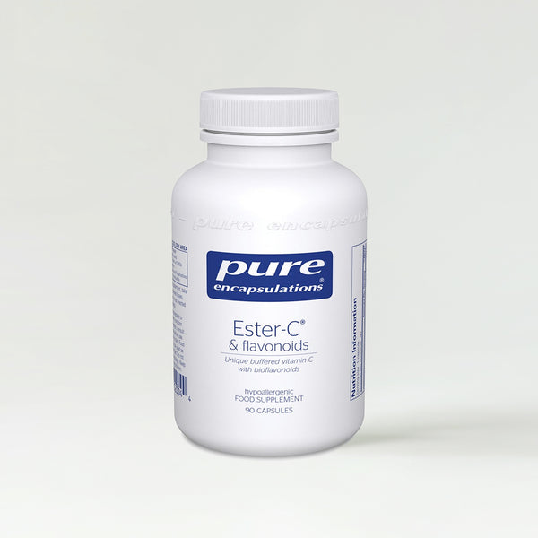 White supplement bottle labeled 'pure encapsulations Ester-C & flavonoids' on a white background