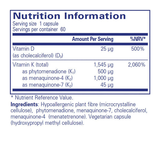 Nutrition information label for a dietary supplement with vitamin D and K content.