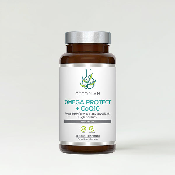 A brown supplement bottle labeled Omega Protect + CoQ10 with a silver cap.