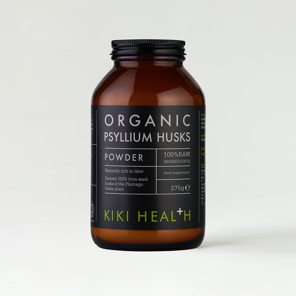 A brown bottle labelled Organic Psyllium Husk Powder with nutritional information.